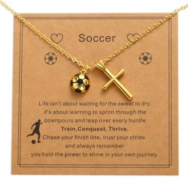 Imagem de Colar Pingente Esportivo Dourado, Colar Pingente Cruz Dourada Joia de Tema Esportivo com Cartão para Presente Aniversário Natal Dia dos Namorados Páscoa Batizado Formatura(Futebol)