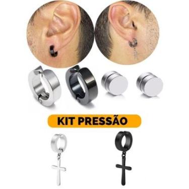 Imagem de Kit Brinco Pressão Argola Fake Alargador Preto Prata Masculino Aço Inoxidável  6pçs-Unissex