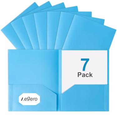 Imagem de Aegero Pastas de plástico com bolsos (pacote com 7, azul celeste), pastas de arquivo resistentes duráveis com compartimento para cartão de visita, pasta de 2 bolsos para trabalho escolar e escritório