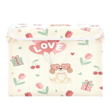 Imagem de Wassud Cestos de armazenamento dobráveis com tampas, óculos de coração, cestos organizadores de tecido dobrável para armário, decoração sazonal de casa 40 x 30 x 30 cm