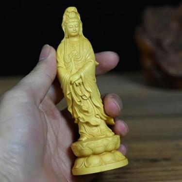Imagem de FENNYYAR Estatueta de escultura em madeira Avalokitesvara estátua de Buda budista, 16 cm, adoração de templo, ornamentos de sala de estar