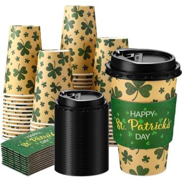 Imagem de Lallisa Pacote com 50 xícaras de café descartáveis do Dia de São Patrício de 473 ml com tampas e mangas copos de papel trevo verde a granel para casamento irlandês aniversário bebidas quentes e frias