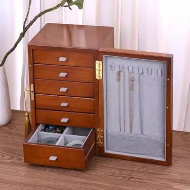 Imagem de Caixa de armazenamento de joias com trava de madeira, organizador vertical de 6 camadas, grande capacidade rústica para anéis, brincos, colares, pulseiras - design elegante e durável
