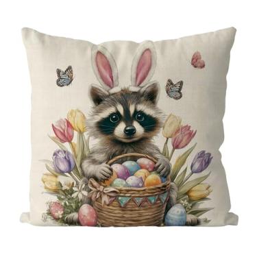 Imagem de GAGEC Capas de almofada de páscoa 45,7 x 45,7 cm capas de almofada de guaxinim coelho Páscoa fronha decoração de casa sofá quarto capa de almofada primavera sazonal decoração de casa de fazenda