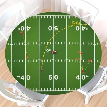 Imagem de Toalha de mesa redonda de campo de futebol americano com borda elástica, impermeável, limpável, bola de rúgbi, grama verde, capa de mesa temática esportiva para 101,6 a 111,8 cm, toalha de mesa