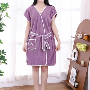 Imagem de Toalha de banho, roupão de banho de lã coral, conjunto de toalhas pós-banho vestíveis, toalha de banho de secagem rápida para academia (roxa)