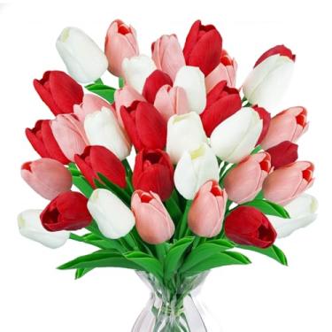 Imagem de Ruidazon 36 peças de flores artificiais de tulipas de toque real, tulipas falsas, branco, rosa, vermelho, tulipas falsas, para mesa, centro de mesa, vaso para casa, casamento, cozinha, buquê
