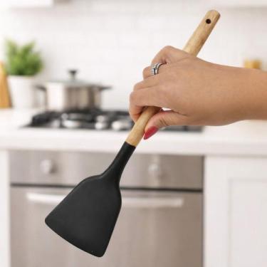 Imagem de Espátula De Silicone Reta Reforçada Cabo De Madeira Grande Multiuso Cu
