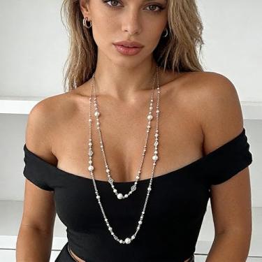 Imagem de Colar longo com pingente vintage para mulheres, elegante, com franjas, longo, colar, corrente, temperamento, joias modernas, 80cm, Metal Pérola, Sem Pedra Preciosa