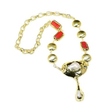 Imagem de DWBPGVUN Colar Keshi branco pérola vermelha coral banhado a ouro escovado corrente com contas pingente de pérola grande 63,5 cm para senhora