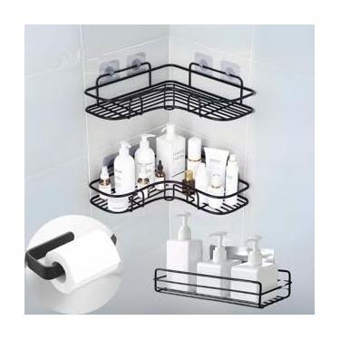 Imagem de kit suportes organizadores de metal, rack de parede para banheiro e cozinha, porta shampoo de metal resistente (3 Prateleiras + Gancho Papel)