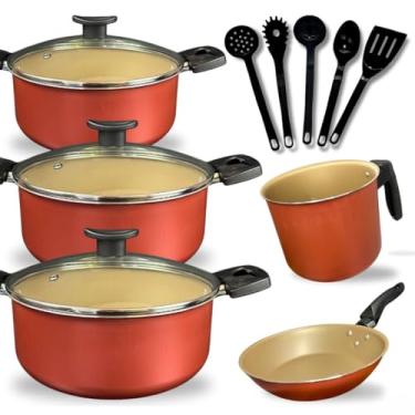 Imagem de Conjunto Panelas e Caçarolas Antiaderente - Tampa de Vidro, Caneco e Utensílios, Cor Cereja, Prático para Cozinhas Domésticas