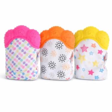 Imagem de Luva Mordedor infantil para Bebê Feminino Tecido Macio e Silicone Design Colorido Para Meninas com Estampas Sortidas de Estrelas e Bolinhas Proteção para Gengivas lavável