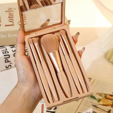 Imagem de Conjunto de 5 pincéis de maquiagem para viagem, kit de pincéis de maquiagem portátil com capa espelhada e tampa transparente para mulheres em movimento, cor da pele
