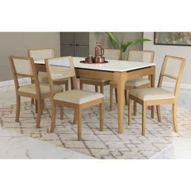 Imagem de Mesa Cozinha Mira Premium Madeira Maciça c/ Tampo Madeirado c/ Vidro 160x90cm e 6 Cadeiras Lola Carvalho/Off White - Boucle Bege Fendi-Kappesberg