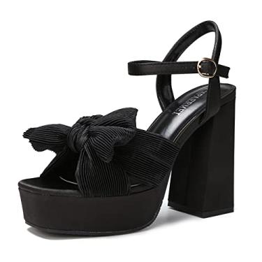 Imagem de KHPAERMEI Salto plataforma com nó de laço para mulheres, moderno, bico aberto, salto grosso, tira no tornozelo, vestido de festa de casamento, salto alto, Preto/branco, 40 EU