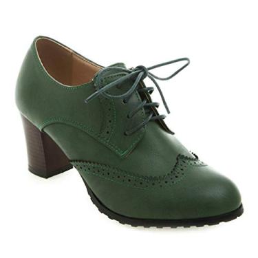 Imagem de MIOKE Sapato social feminino de salto alto vintage com cadarço Oxford Brogues perfurado bloco grosso salto alto, Verde, 9