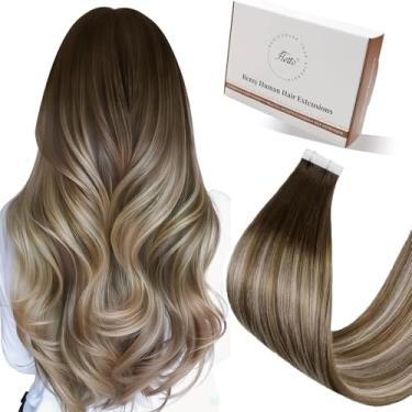 Imagem de Hetto Extensões de cabelo com fita adesiva marrom balayage em extensões de cabelo humano ombré marrom escuro a marrom claro balayage loiro fita em cabelo humano trama invisível da pele 50 cm 50 g 20