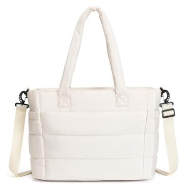 Imagem de Yuni Sophy Bolsa feminina acolchoada de 43 cm, bolsa de ombro acolchoada para trabalho, viagem, academia, Branco, Large