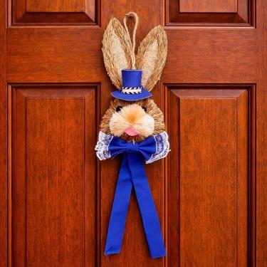 Imagem de Pendente Cabeça Coelho Com Laço Decoração Páscoa Palha 40cm Azul