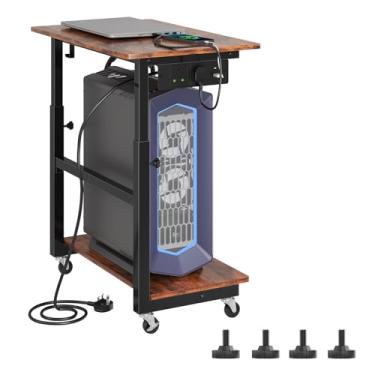 Imagem de HavenlyYouth Suporte de torre de computador de 2 níveis com tomada, suporte de torre de PC ajustável em altura com rodas, ATX-Case suporte de CPU com ganchos para casa, escritório, jogos (marrom)