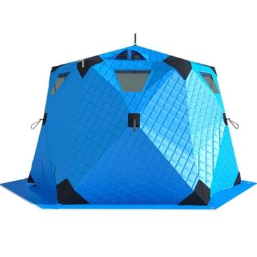 Imagem de Capa de chuva para barraca de pesca no gelo hexagonal | Abrigo isolado para pesca no gelo com macaco de fogão, 2 portas e 4 janelas, equipamento de pesca de inverno de algodão engrossado