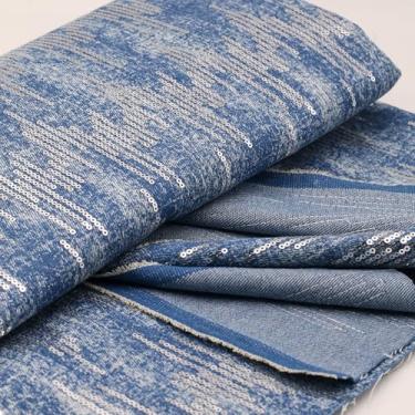 Imagem de Tecido jeans de algodão com lantejoulas azuis, 140 cm de largura, peso de 283 g, bordado, acabamento lavado ligeiramente elástico para roupas retrô, costura DIY, jaquetas, jeans, bolsa (cortado por