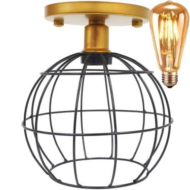 Imagem de Lustre Teto Plafon + Lâmpada Led Industrial Aramado Globo Preto Retrô Luminária Vintage Dourado