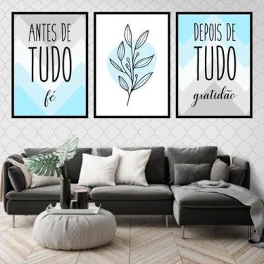 Imagem de Kit 3 Quadros Fé E Gratidão ul E Cinza 60X40Cm - Quadros On-Line