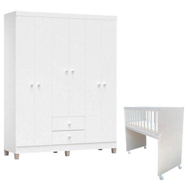 Imagem de Mini Berço Moisés Alegria Com Colchão E Guarda Roupa Ternura Baby 6 Portas Branco Brilho - Incorplac