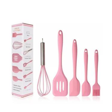 Imagem de Kit 5 Utensílios de Cozinha Silicone Batedor Inox Espátula Pincel Mult