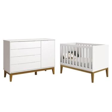 Imagem de Berço Americano E Cômoda Com Porta Classic Elfe Branco Acetinado Com Pés Madeira - Reller