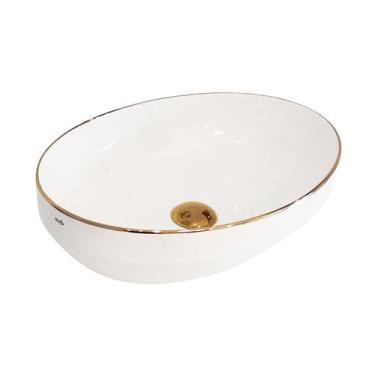 Imagem de Cuba para Banheiro Cerâmica Branca e Dourada Oval 50cm Reno RC 181