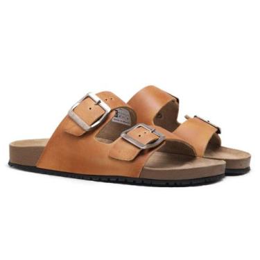 Imagem de Sandália Papete Feminino Masculino Couro Rasteira Sola Macia Fivela Mo