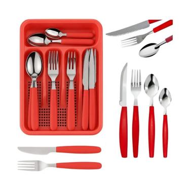 Imagem de Jogo de Faqueiro 25 Peças Aço Inox Cabo Plástico para Mesa Vermelho com Porta Talher Qu...