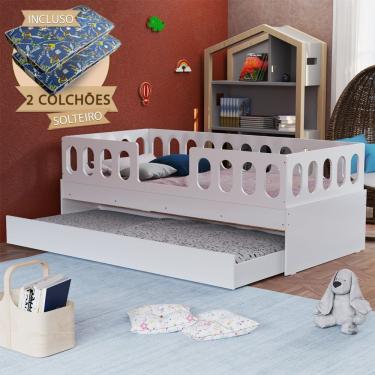 Imagem de Cama Solteiro Infantil Lara com Cama Auxiliar e 2 Colchões Estrutura Resistente Branco