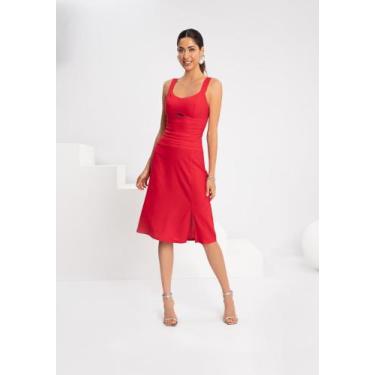 Imagem de Saia Midi Com Fenda Lateral Tecido Linho Lunender 49413, Vermelho, P