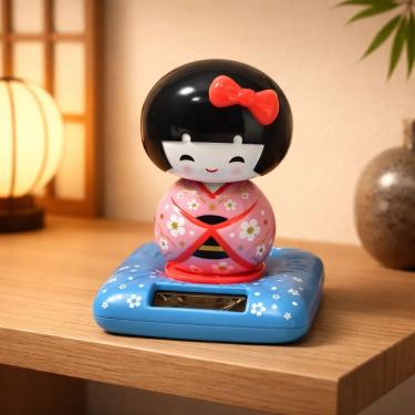 Imagem de Boneca Decorativa Solar Japonesa Kokeshi Gueixa Balança Cabeça Rosa para Mesa Escritóri...