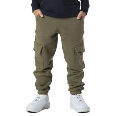 Imagem de Calça Infantil Meninos Moletom Cargo com Bolsos Verde Militar Vrasalon