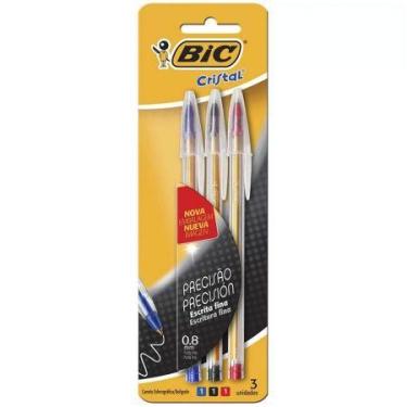 Imagem de Caneta esferográfica Cristal Fina 0.8 AZ/PT/VM com 3 unidades - Bic