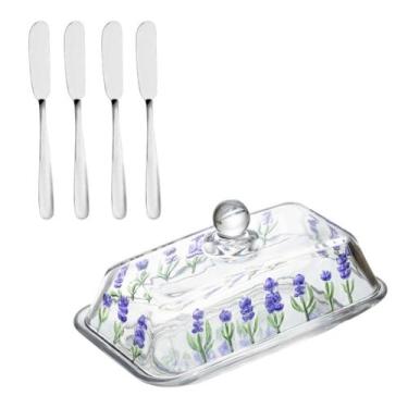 Imagem de Manteigueira 18cm Cristal Decorado Lavanda + Jogo 4 Espátulas - Lyor