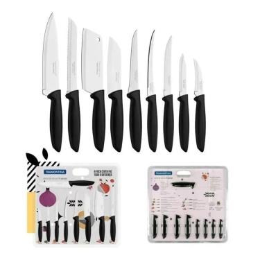Imagem de Jogo de Facas Plenus Faqueiro Tramontina Lâminas em Aço Inox para Cozinha Churrasco Preto 9 Peças