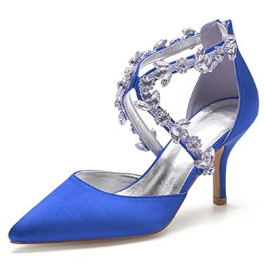 Imagem de Sapatos de casamento nupcial feminino scarpin marfim stiletto cetim salto alto bico fino sapatos com strass 34-43,Blue,9 UK/42 EU