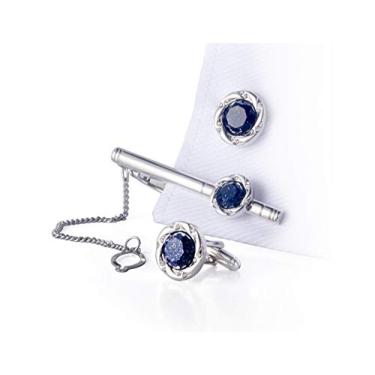 Imagem de BagTu Conjunto de abotoaduras e clipe de gravata com caixa de presente e cartão de felicitações, abotoaduras redondas azul escuro e clipe de gravata para homens, Pedra, sem uso de pedras