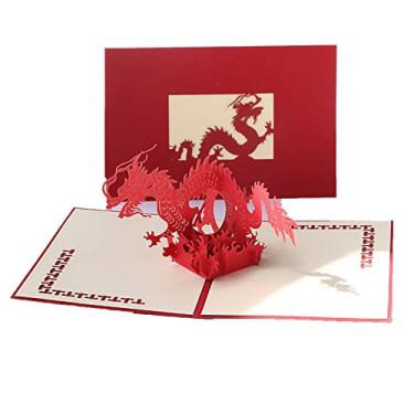 Imagem de Yajun Cartões comemorativos de dragão voando 3D cortado a laser chinês tradicional convite pop up oco esculpido festival festa Kirigami