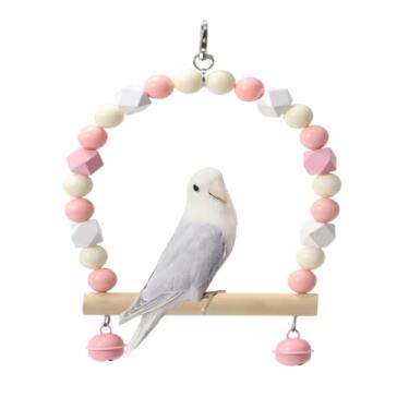 Imagem de Balanço de pássaro de madeira para calopsitas, papagaio, brinquedos pendurados, periquitos, suportes de gaiola, playground, acessórios de ginástica, brinquedo de escalada de sino de contas coloridas para periquitos, conures e periquitos (Rosa-B)