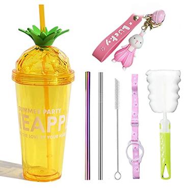 Imagem de Caneca de viagem de morango com canudo cintilante, copo de gelo com glitter, copo de festa, presente de piquenique (abacaxi amarelo, 420 ml)