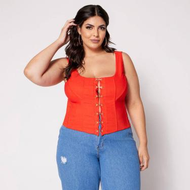 Imagem de Blusa Cropped de Alça Plus Corset com Colchetes e Bojo Laranja