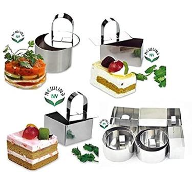 Imagem de NEWLINE NY Anéis de sobremesa de aço inoxidável (12 peças) redondos quadrados retangulares aperitivos moldados saladas, bolos, molde de mousse, cortador de bolo em camadas