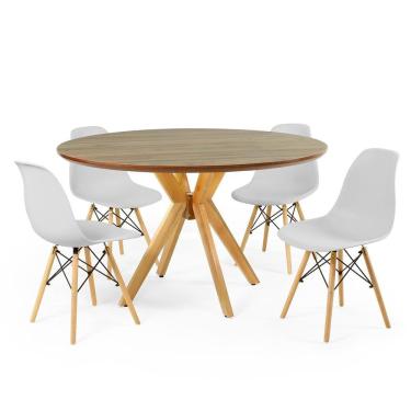 Imagem de Conjunto Mesa de Jantar Redonda Marci Premium Natural 120cm com 4 Cadeiras Eames Eiffel - Cinza